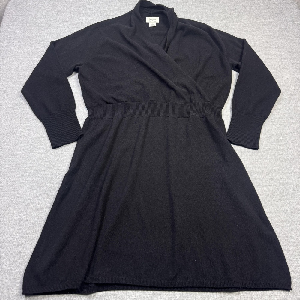 Neiman Marcus Dress Womens 1X Black Sweater Wrap Knee Length Cashmere V-Neck